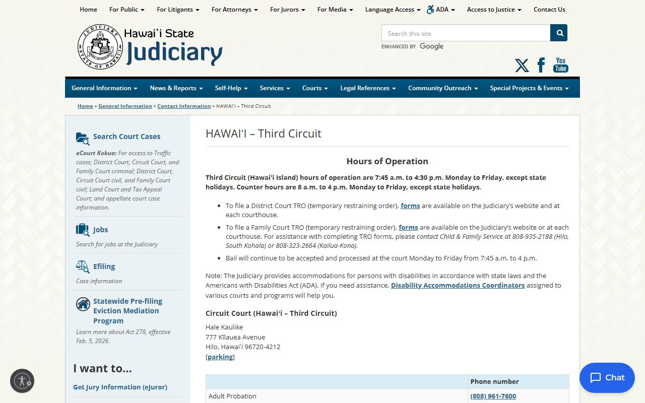 Hilo Warrant Records - Third Circuit Court Hilo contact page