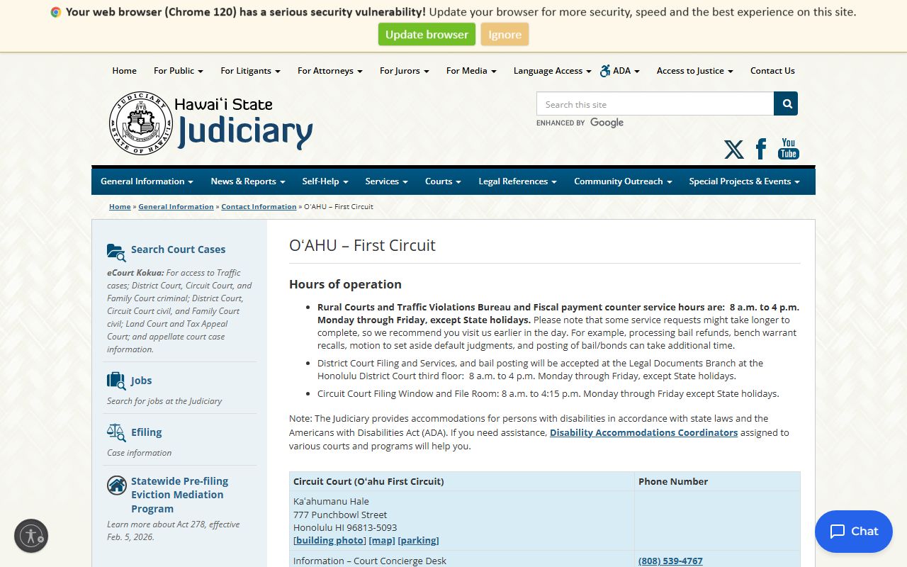 Urban Honolulu Warrant Records - First Circuit Court contact page