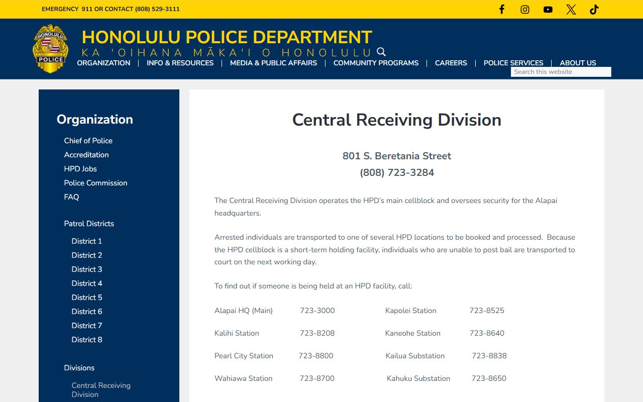 Urban Honolulu Warrant Records - HPD Central Receiving Division page