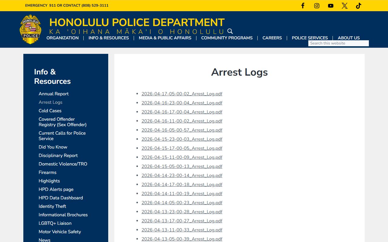 Honolulu County Warrant Records - HPD arrest logs page