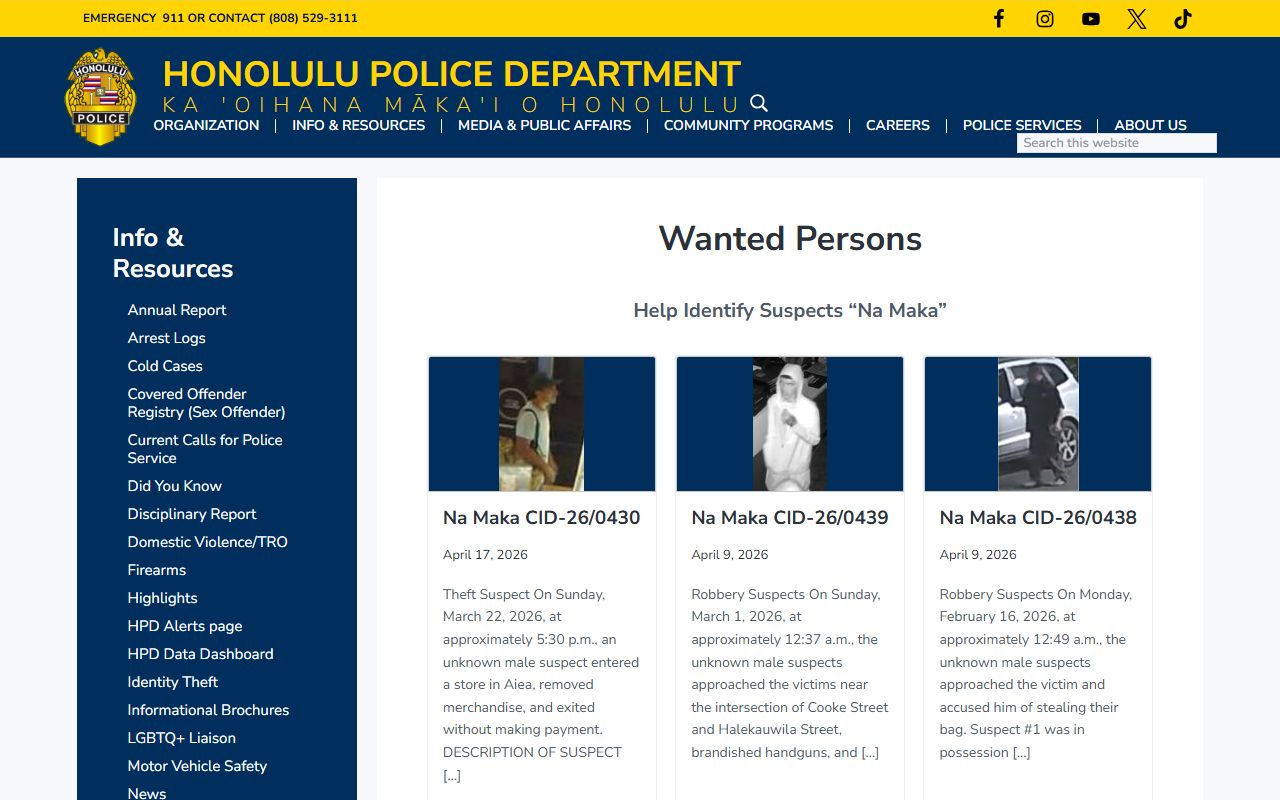 Hawaii Warrant Records - HPD Wanted Persons page for Honolulu County