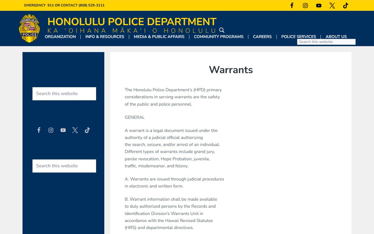 Hawaii Warrant Records - Honolulu Police Department warrants policy
